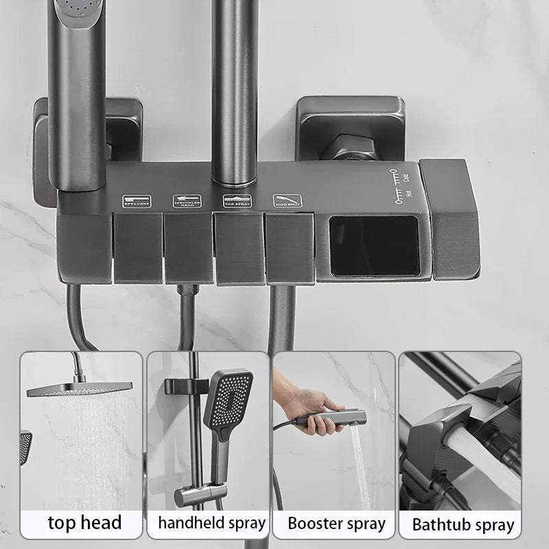 Gun Gray Digital Shower System Hot Cold Mixer Shower Set Bathroom SPA Rainfall Bath Tap Bathtub Modern Piano Key Faucet