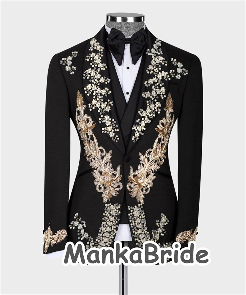 Luxury Groom Men Suits Slim Fit Crystal Appliques Wedding Tuxedos Tailored Made 3pcs Blazer Vest Formal Male Prom Party Dress
