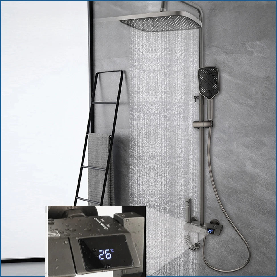 Gun Gray Digital Shower System Hot Cold Mixer Shower Set Bathroom SPA Rainfall Bath Tap Bathtub Modern Piano Key Faucet