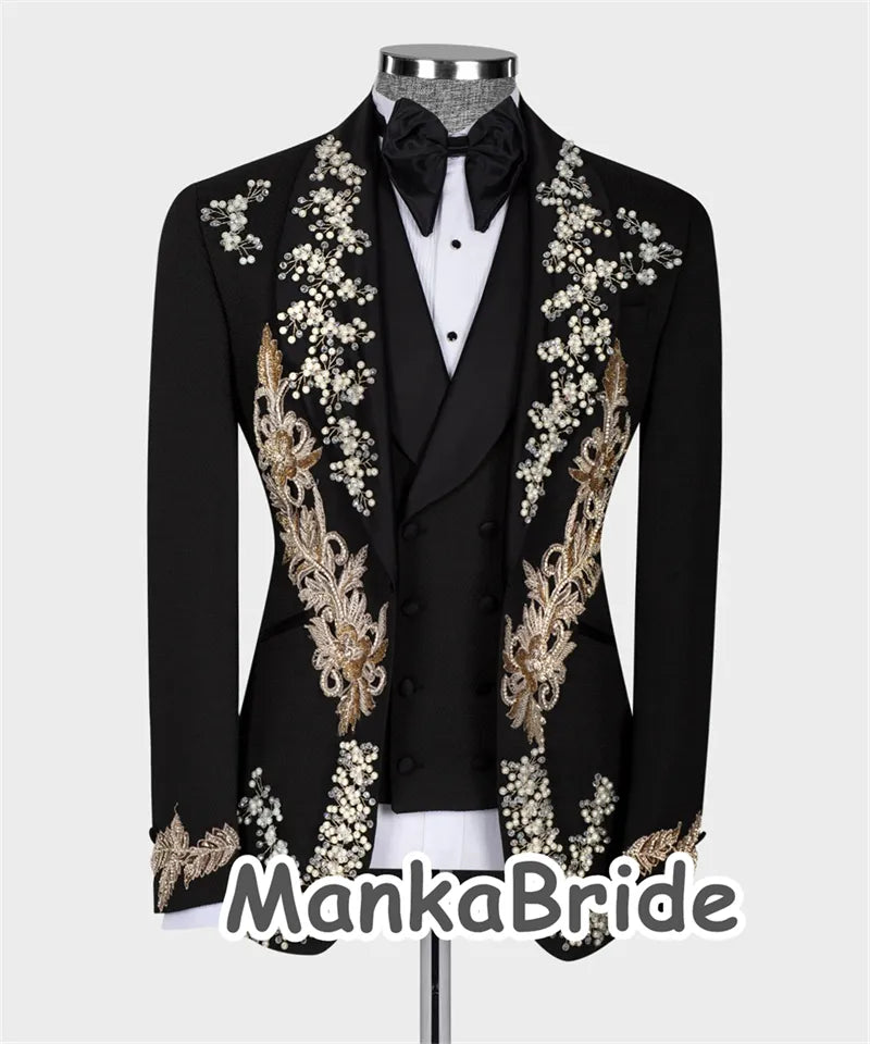 Luxury Groom Men Suits Slim Fit Crystal Appliques Wedding Tuxedos Tailored Made 3pcs Blazer Vest Formal Male Prom Party Dress