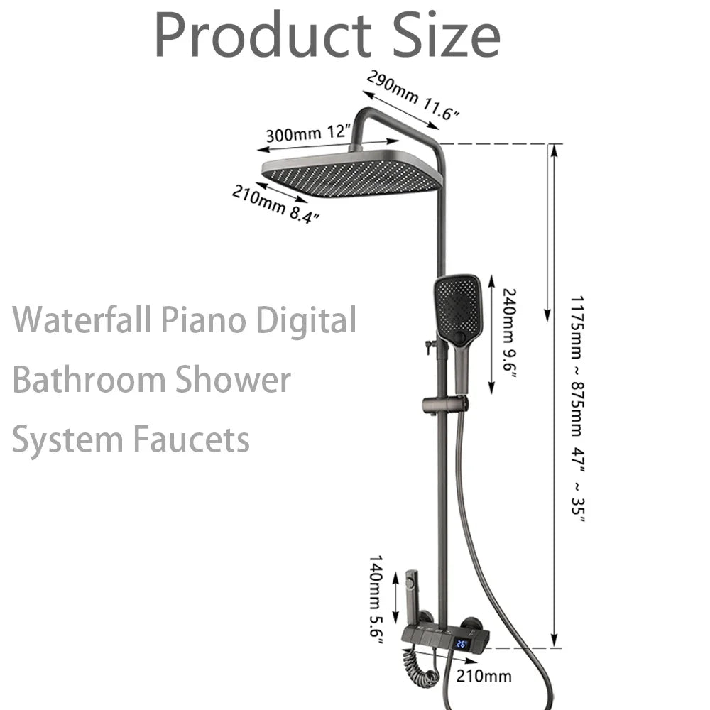 Gun Gray Digital Shower System Hot Cold Mixer Shower Set Bathroom SPA Rainfall Bath Tap Bathtub Modern Piano Key Faucet