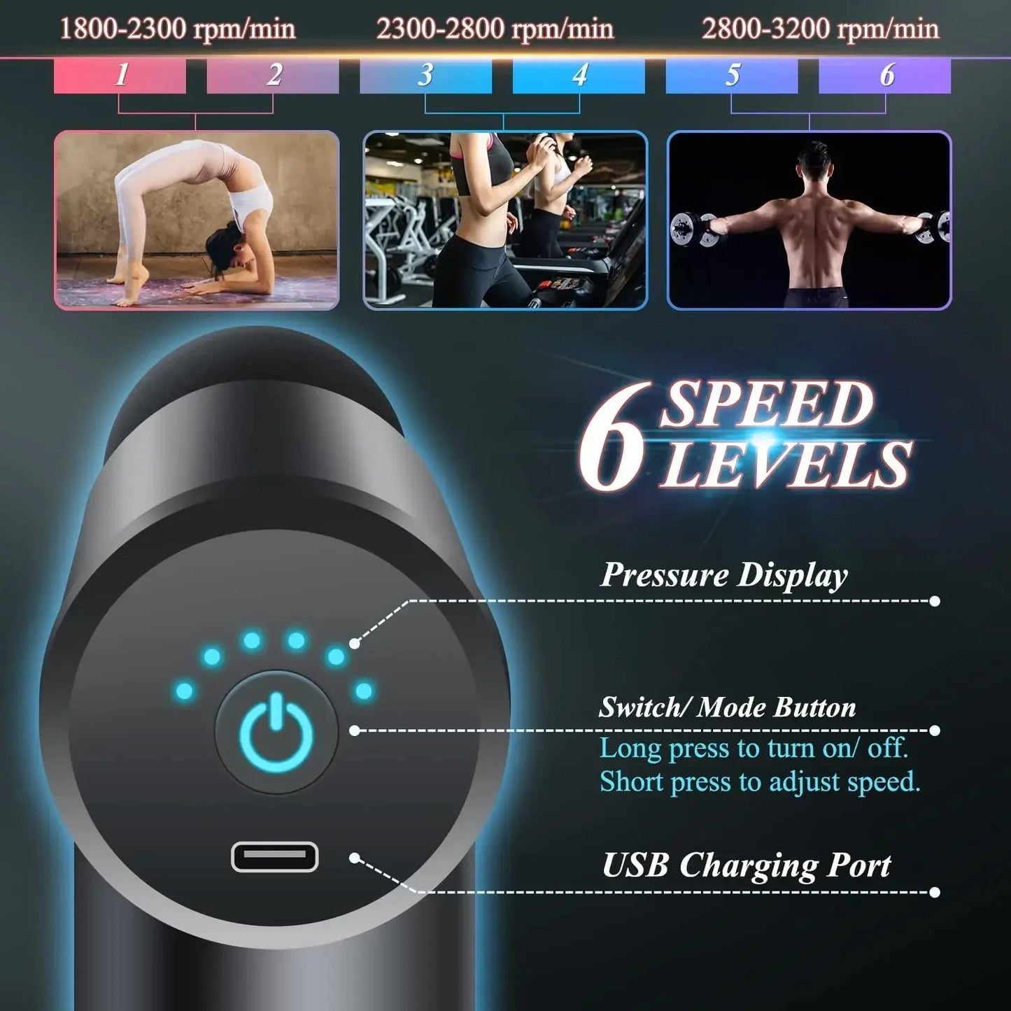 Muscle Massage Gun Mini Massage Gun Percussion with 6 Speeds 4 Massage Heads with Carrying Bag for Back Shoulder Muscle Relieve
