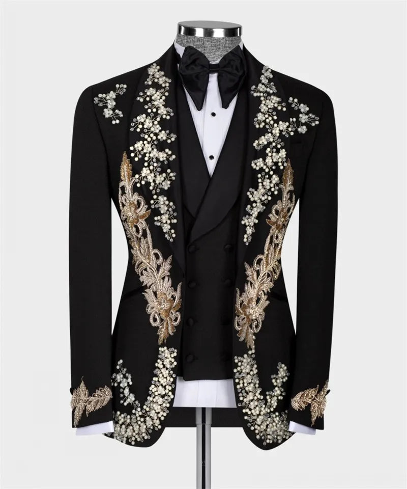 Luxury Groom Men Suits Slim Fit Crystal Appliques Wedding Tuxedos Tailored Made 3pcs Blazer Vest Formal Male Prom Party Dress