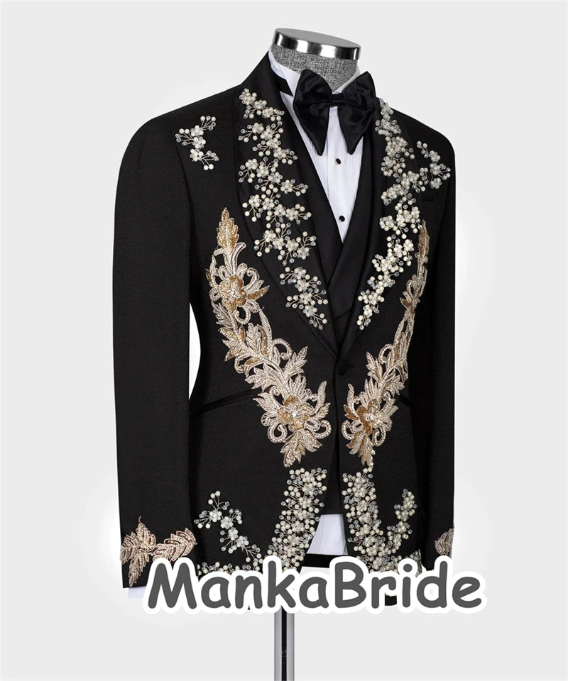Luxury Groom Men Suits Slim Fit Crystal Appliques Wedding Tuxedos Tailored Made 3pcs Blazer Vest Formal Male Prom Party Dress