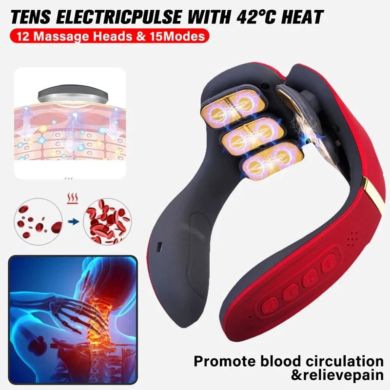 Heating12 Heads Back and Neck Massager 15 Gears Electric Neck Massage Instrument Massager For Neck Relieve Cervical Spondylosis
